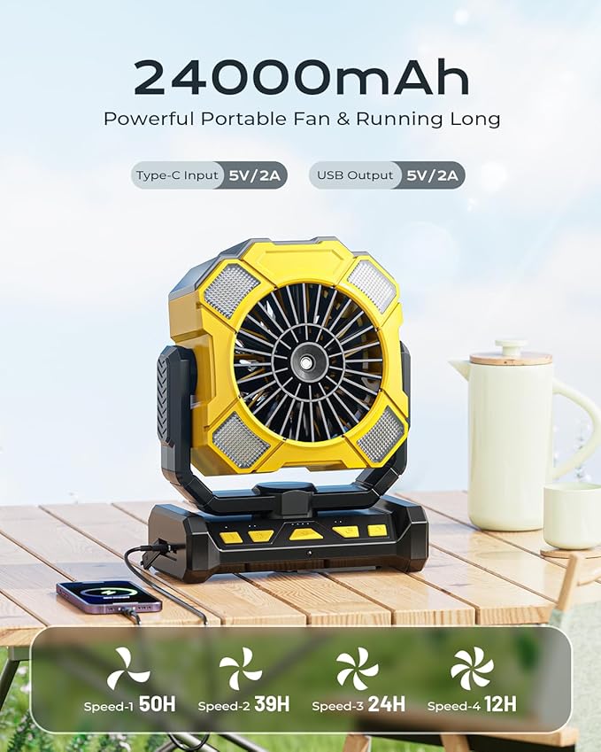 Portable Fan with Misting & 24000mAh Battery - 80H Runtime, 7μm 16ft Mist, Ultra Quiet 4-Speed Camping Fan for Outdoor Indoor, Remote & 300mL Tank-Yellow