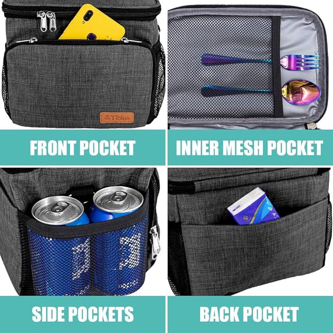 Tiblue Insulated Lunch Bag, Leakproof, Freezable Cooler for Office, School, Picnics, Adjustable Strap, For Adults & Kids