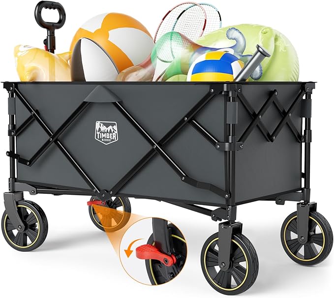 TIMBER RIDGE Collapsible Wagon Cart with Brakes, 200L Large Capacity Compact Portable Easy to Carry Folding Wagon, Utility Grocery Cart for Camping, Gardening, Shopping