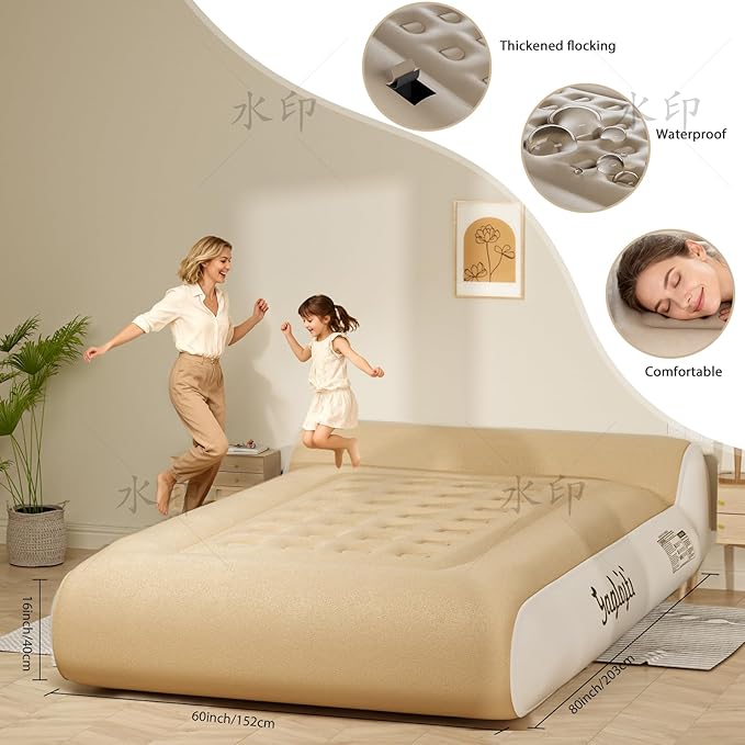 16" Queen Air Mattress Full with Built in Pump for Camping,Portable Blow up Mattress with Carry Bag,High-Speed Pump,Luxury Inflatable Mattress Comfort Flocked Airbed for Guest,Home(Khaki)