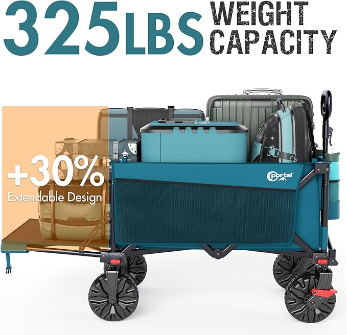PORTAL 300L Large Capacity Foldable Wagon with Tailgate, 325LB Heavy-Duty Collapsible Utility Cart, All-Terrain Wheels & Brakes, Oversized Garden Wagon for Camping, Groceries, Sports, and Pets