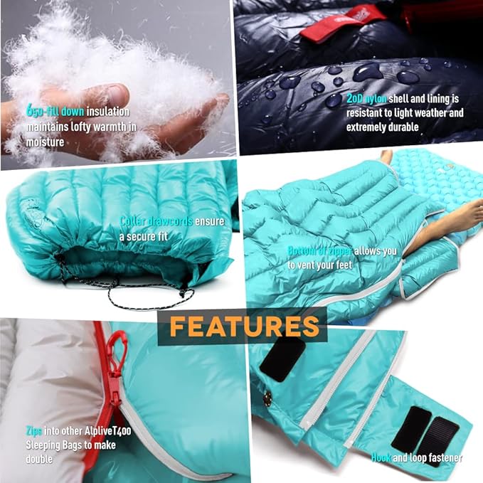 ZOOOBELIVES Ultralight Backpacking 32-50F Down Sleeping Bag - 27oz Ultra Compact 650 Fill Power Envelope Sleeping Bag for Hiking, Camping and Backcountry, Lightweight and Compressible – Alplive T400
