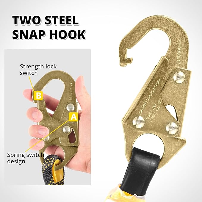 TRSMIMA Rope Harness Safety Lanyard：25ft Vertical Roofing Rope With Grab Snap Hooks Shock Absorber - Fall Protection Tree Climbing Line Kit Heavy Duty Roof Safety Equipment ANSI CE