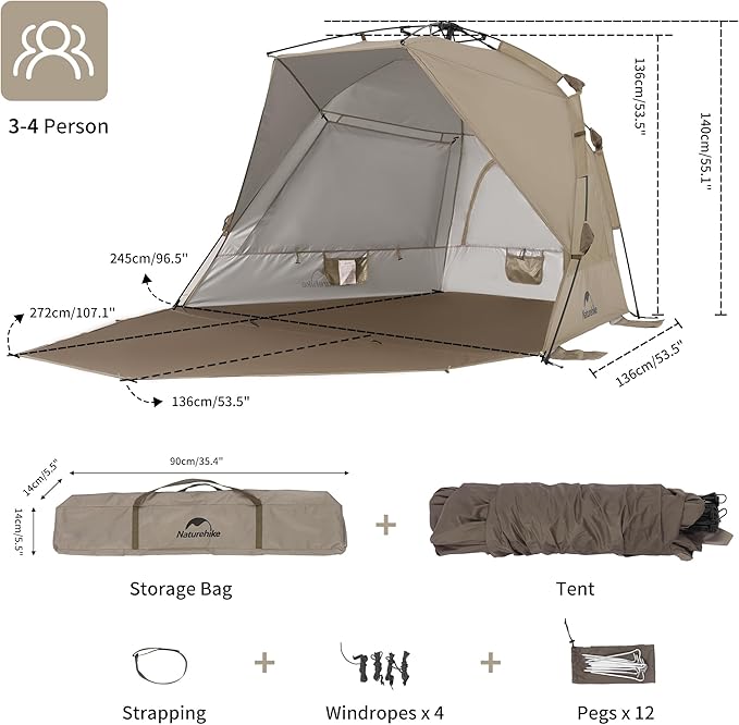 Naturehike Beach Tent Sun Shelter for 3-4 Person, Automatic Easy Set up Pop up Instant Tent, UPF50+ UV Protection Portable Canopy Privacy Tent (Light Brown)