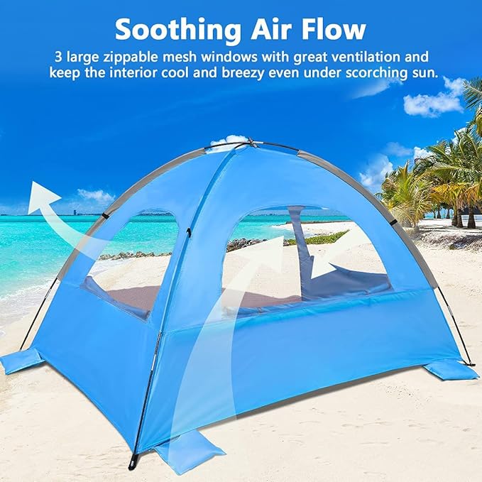 NXONE Beach Tent Sun Shade Shelter for 2-3 Person with UV Protection, Extended Floor, 3 Mesh Roll Up Windows & 8.0mm Fiberglass Rods丨Carry Bag Included (Sky Blue)
