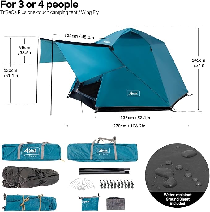 Pop Up Tents for Camping, Waterproof 4 Person Instant Tents Camping with Removable Rainfly, 2 Door 4 Mesh Windows Easy Setup Camping Tent, Included Moisture-Proof Mat
