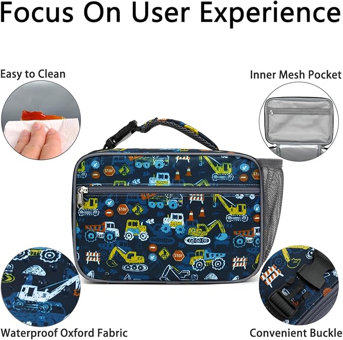 Insulated Lunch Box for School, Thermal Reusable Durable Freezable Lunch Bags for Kids Boys Girls Men Women - Small Soft Cooler Portable Lunch Tote Kit for Work Picnic Travel,Excavator