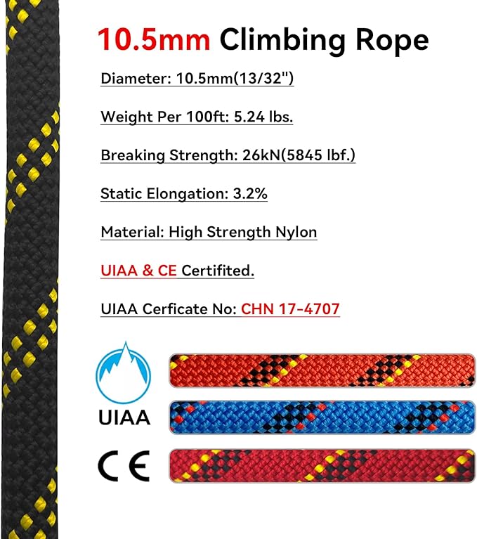Static Climbing Rope 10.5mm UIAA Static Line Rappelling Rope Nylon Kern Mantle Rope for Escape Rope Rock Climbing, Mountain Tree Climbing, Hauling, Rescue