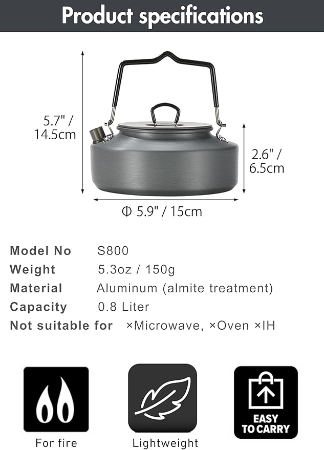 CAMPINGMOON 0.8L Camping Kettle Coffee Tea Pot Portable Ultra-Light S800