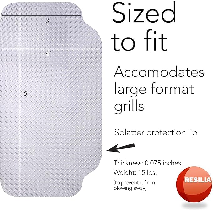 RESILIA Large Under Grill Mat – Heavy Duty, Reusable Outdoor Floor Protector Mats for Deck, Patio, & Garage – 72 Inch x 48 Inch with 12 Inch Splatter Protection Lip, Silver Diamond Plate