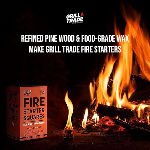 Grill Trade Fire Starter Squares 144, Easy Burn Your BBQ Grill, Camping Fire, Wood Stove, Smoker Pellets, Lump Charcoal - Fireplace Cubes - Ideal Barbeque Accessories
