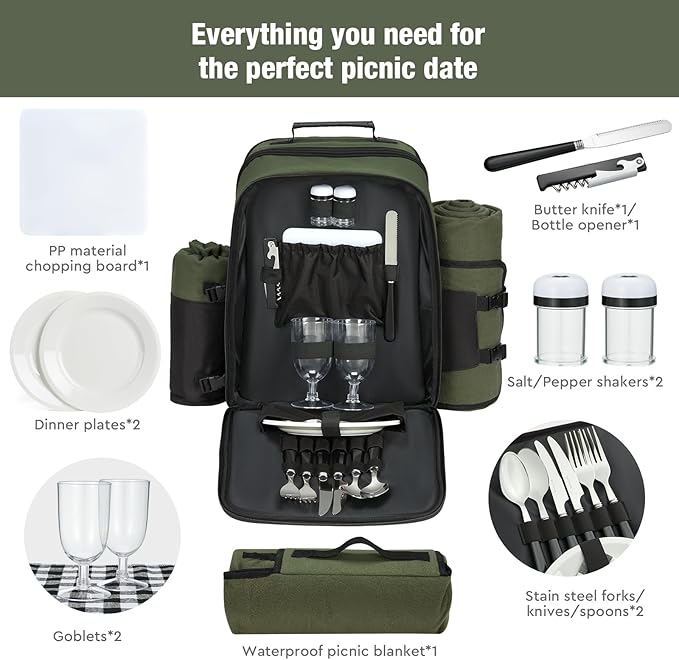 Couple Gifts 24L Picnic Basket Set, Green Insulated Picnic Backpack for 2, Leak Proof Cooler Camping Gifts, Cool Bridal Shower Gifts Anniversary Engagement Wedding Gifts for Couples, Mr and Mrs Gifts