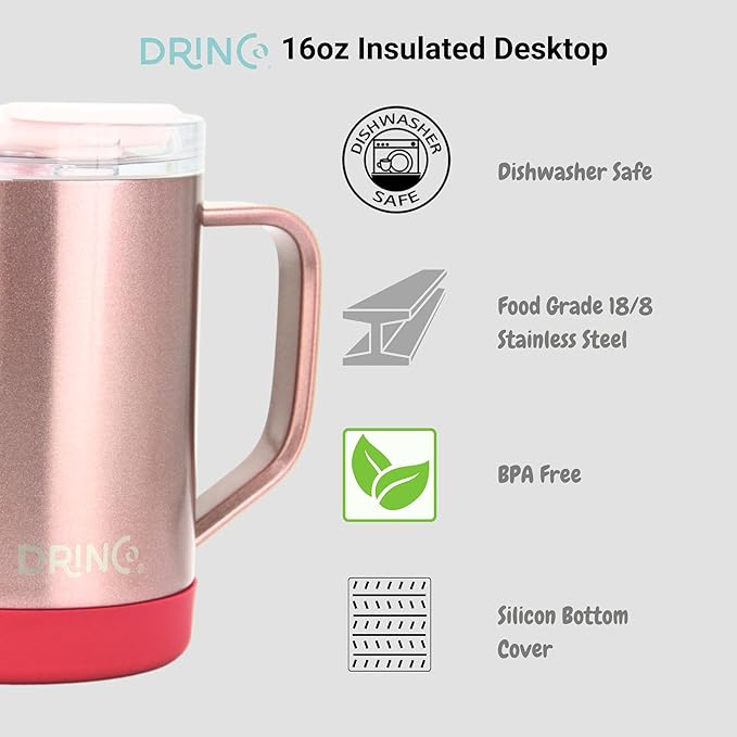 Drinco 16 oz Coffee Mug, Vacuum Insulated Camping Mug with Lid, Double Wall Stainless Steel Travel Mug Insulated Tumblers Coffee Mugs Coffee Cups Tea Cup (16oz Bling Rose Gold)