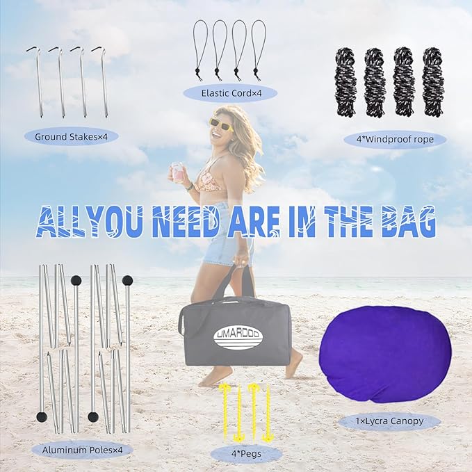 UMARDOO Family Beach Tent Canopy Sun Shade Portable 10×10FT, Large Wind Resistance Beach Sun Shelter Easy Setup with Packable Carry Bag for Outdoor Travel UPF 50+(Purple)