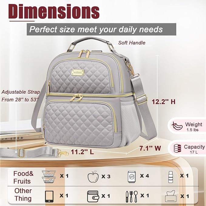 Weitars Lunch Bag for Women,Dual Compartment Lunch Box for Women Lunch Tote for Work,Insulated Leakproof Lunch Cooler Bag with Side Pockets and Adjustable Strap for Hiking,Picnic,Beach