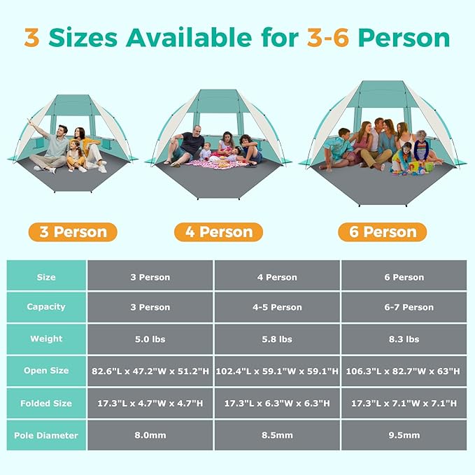 Gorich Portable Beach Tent for 3-7 Person with UPF 50+ UV Protection, Lightweight & Foldable Sun Shelter with 5 Sand Bags, Easy Setup Windproof Beach Umbrella Sun Shade