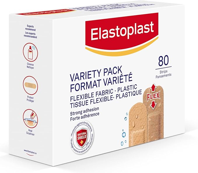 ELASTOPLAST Fabric and Plastic Adhesive Bandages Variety Pack (80 Strips), Flexible & Water-Resistant Bandage with All-Around Adhesion, Ideal for First Aid Kit {Imported from Canada}