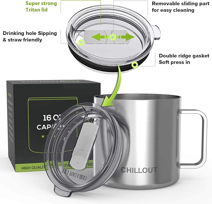 CHILLOUT LIFE Stainless Steel 16 oz Vacuum Insulated Coffee Mug with Handle and Lid, Large Thermal Camping Coffee Mug Cup with Durable Sliding Lid for Men & Women, Keeps your Beverages Hot & Cold
