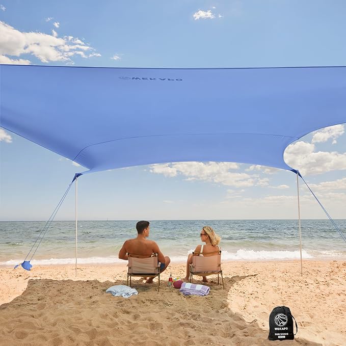 WEKAPO Beach Tent Sun Shelter - Easy Setup Beach Canopy with 4 Sturdy Poles, Large Sandbags and Shovel, 6'7'' Tall, Windproof Sun Shade for Backyard and Camping, UPF 50+ Protection