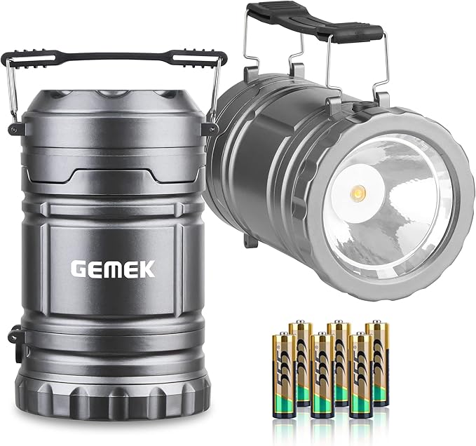 GEMEK 2 x LED Camping Lantern Battery Powered Flashlights Portable 2-in-1 Collapsible COB Lantern Lights for Camping, Car, Shop, Attic, Garage, 6 AA Batteries Included (Gray)