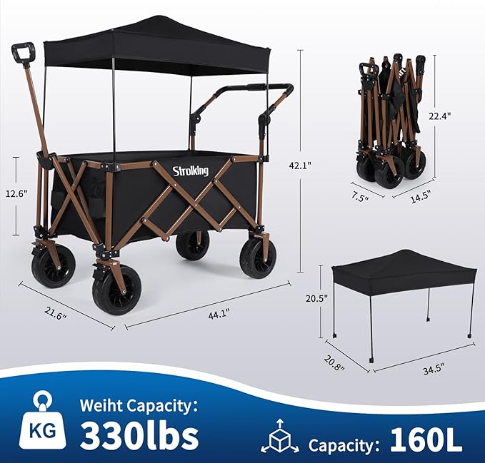Folding Wagon with Canopy, 160L Capacity, 8" All-Terrain Wheels, 330lbs Load, Utility Cart for Camping, Beach, Shopping, Outdoor Use