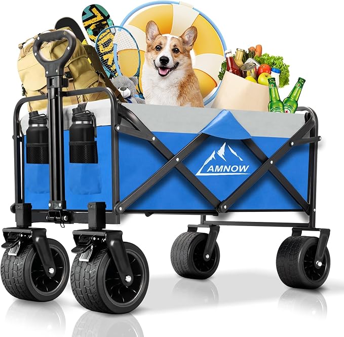 Collapsible Foldable Wagon, Utility Large Capacity Beach Wagon with Big Wheels, Shopping Wagon Cart with Side Pocket and Brakes for Sand Garden Grocery Sports Camping, D-blue