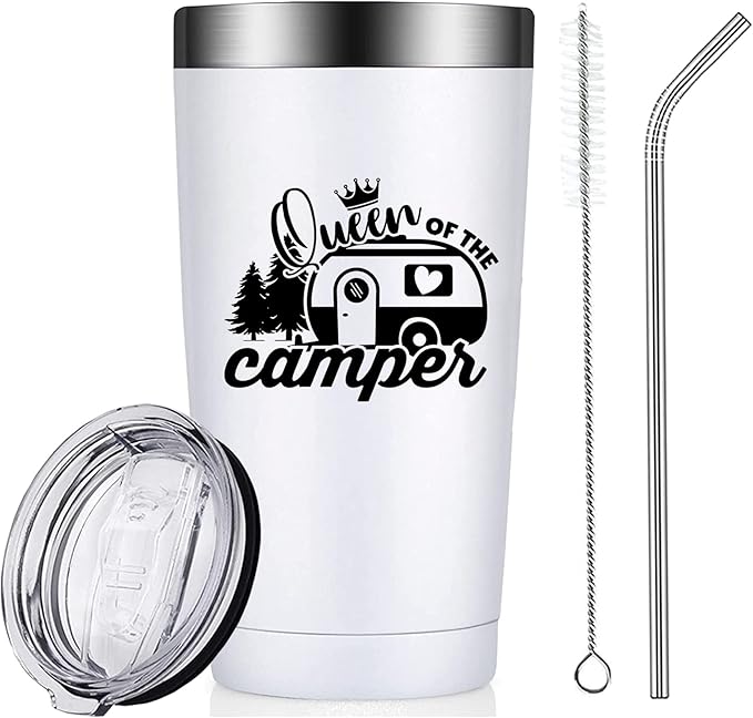 Queen of the Camper Tumblers with Lids and Straws, Camping RV Stainless Steel Vacuum Insulated Travel Tumbler Cups 20 OZ for Girls Women