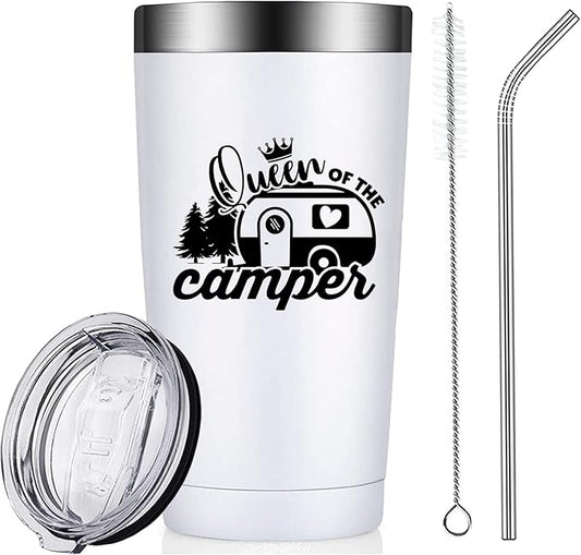 Queen of the Camper Tumblers with Lids and Straws, Camping RV Stainless Steel Vacuum Insulated Travel Tumbler Cups 20 OZ for Girls Women