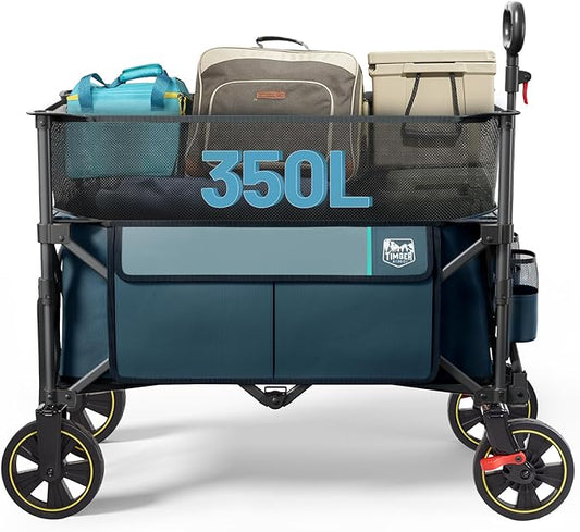 TIMBER RIDGE 350L Extra Large Collapsible Folding Wagon Carts with Brake, Heavy Duty Outdoor Camping Utility Wagons with Extended Height, Adjustable Handle, Cup Holders, Side Bag(Blue)