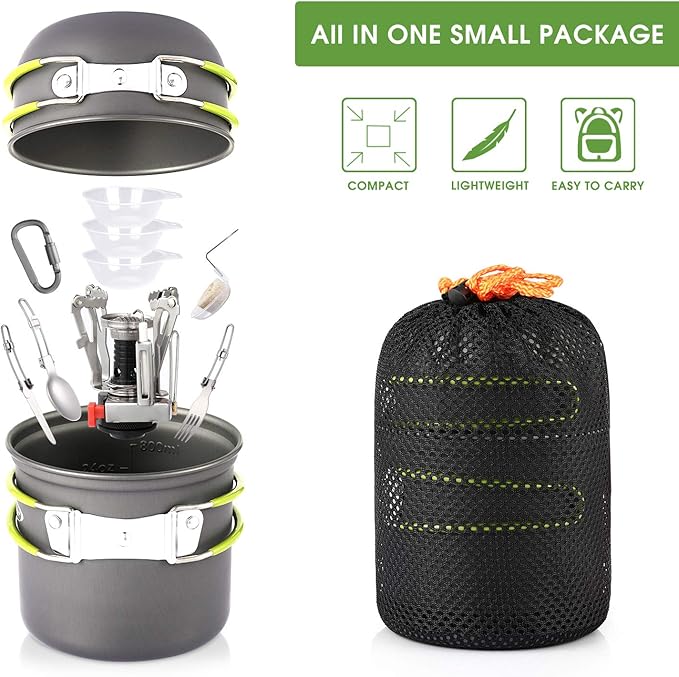 G4Free 2/4/13 PCS Camping Cookware Mess Kit Hiking Backpacking Picnic Cooking Bowl Non Stick Pot Knife Spoon Set