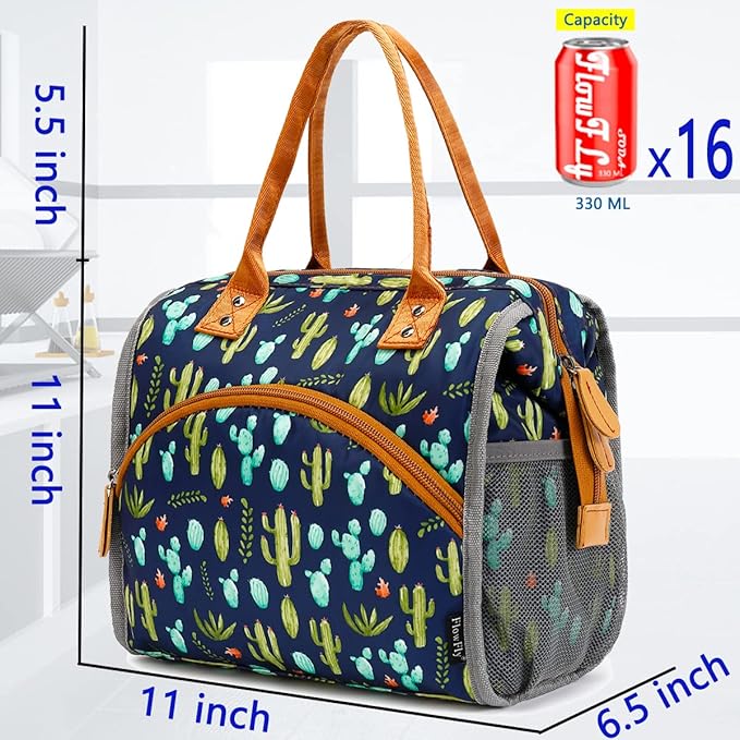 FlowFly Insulated Lunch Bag for Women, Men, Large and Reusable, Handle, Work and Travel Tote and Meal Prep Organizer, Cactus