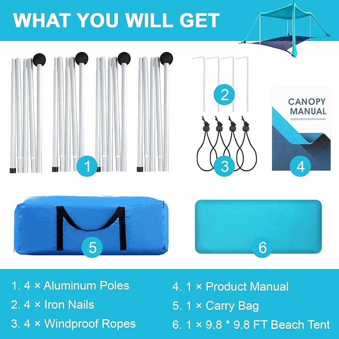 Beach Tent - 10 x 10 FT Beach Canopy, Portable Beach Tent Sun Shelter UPF50 with 4 Sandbags, Stability Poles Ground Pegs and Anti-Wind Ropes, Outdoor Beach Shade Canopy for Camping, Light Blue