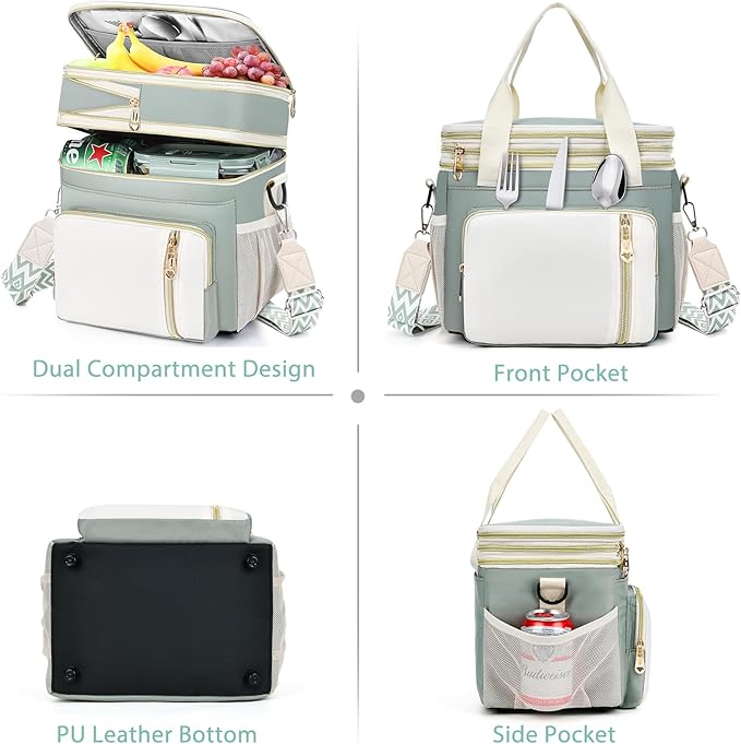 LOKASS Lunch Box for Women-16L-Insulated Lunch Bag Women, Expandable Double-layer Leakproof Cooler Bag with Upgrade Adjustable Shoulder Strap Ideal for Work/Travel/Picnics（Olive Green）