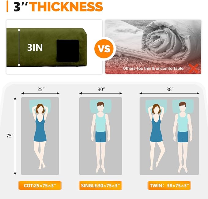 VINGLI 3 "Memory Foam Sleeping Pad Camping Mattress, Portable Floor Mattress Sleeping Mat Bed Roll Up for Guests Adult with Pillow & Phone Pocket