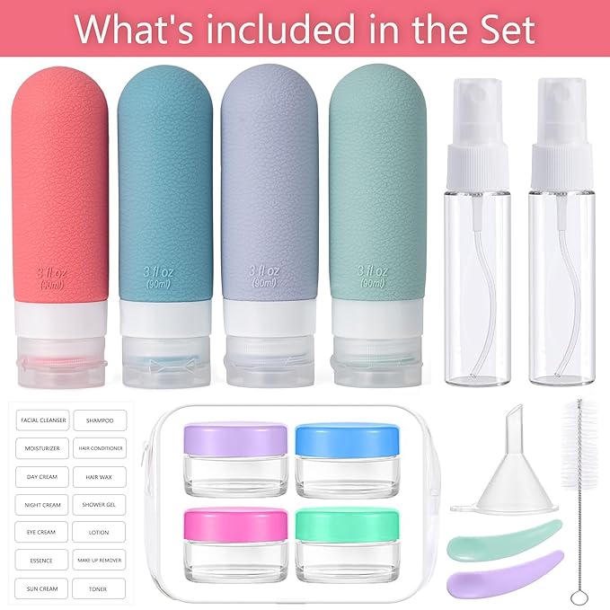 16pack Travel Bottles for Toiletries, TSA Approved LeakProof Squeezable Silicone Toiletry Containers for Shampoo, Conditioner, 3oz Portable Refillable Travel Size Liquid Containers (16Pcs/Warm Color）