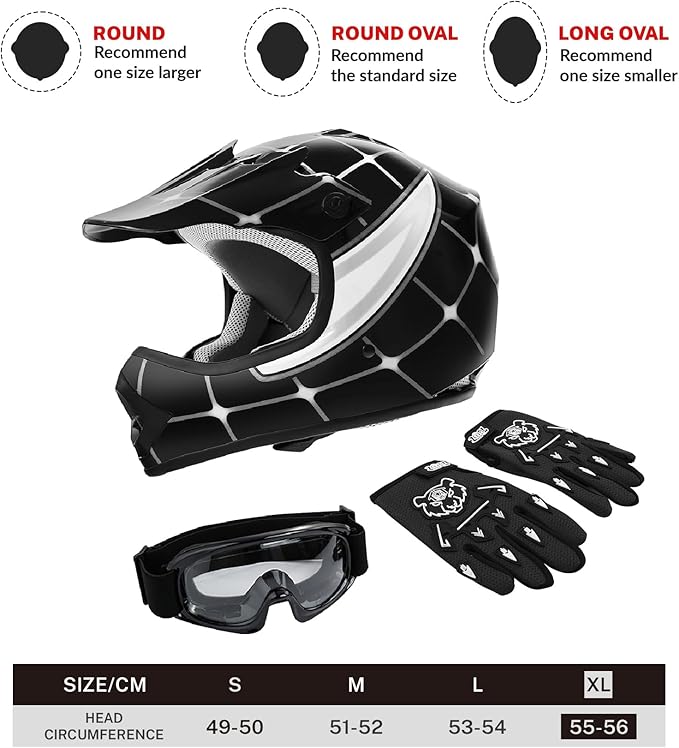 TCT-MOTORPARTS DOT Youth Kids Motocross ATV Helmets Offroad Street Dirt Bike Go-Kart BMX MX Full Face Helmet Black Spider X-Large Size