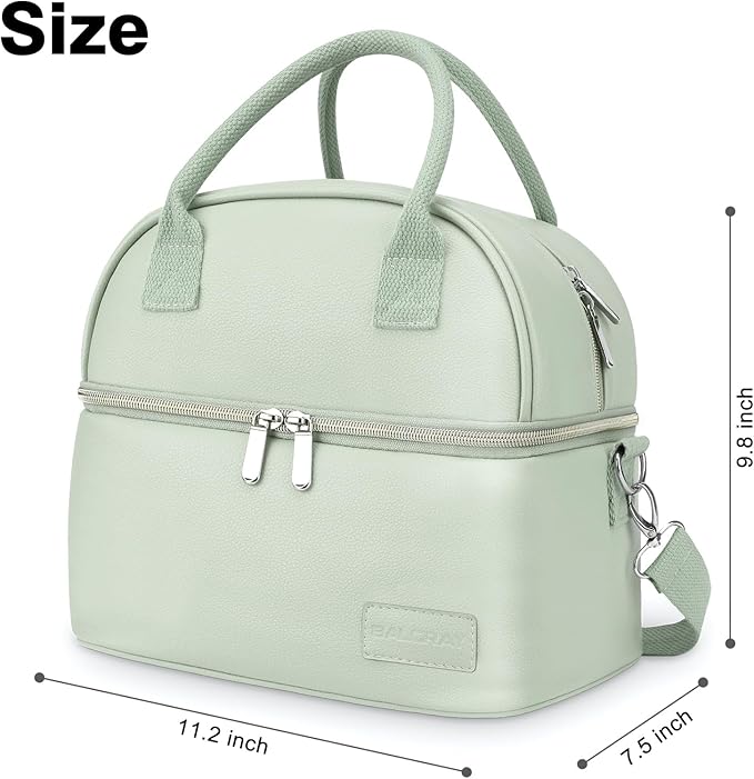 BALORAY Lunch Bag for Women Men, Double Deck Lunch Box for Adults, PU Leather Lunch Tote Bag Insulated Lunch Bags with Strap for Work Office Picnic