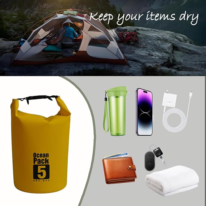 Floating Waterproof Dry Bag Backpack 5L/10L/20L, Roll Top Bag for Kayaking, Rafting, Boating, Swimming, Camping, Hiking, Beach, Fishing, Waterproof Beach Bag. (Yellow, 5L)