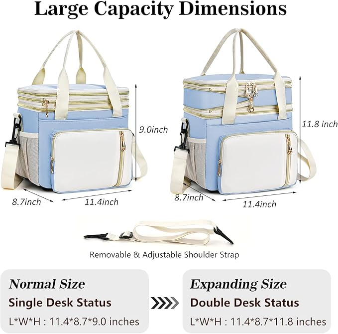 LOKASS Lunch Box for Women, 16L, Double Deck Expandable Insulated Lunch box For Adults/Women Thermal Large Waterproof Leakproof Cooler Bag with Shoulder Strap - Sky Blue