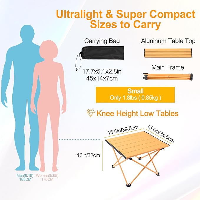 Tesouro Portable Camping Table,Folding Side Table Aluminum Top for Outdoor Cooking, Hiking, Travel, Picnic (Apricot, 1-Small)