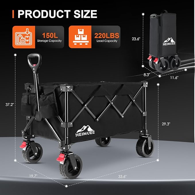 150L Wagon Cart Foldable, Heavy Duty Collapsible Utility Wagon with 220lbs Capacity, All-Terrain Beach Wheels, Portable Garden Cart for Camping, Sports, Outdoor, Shopping, Black