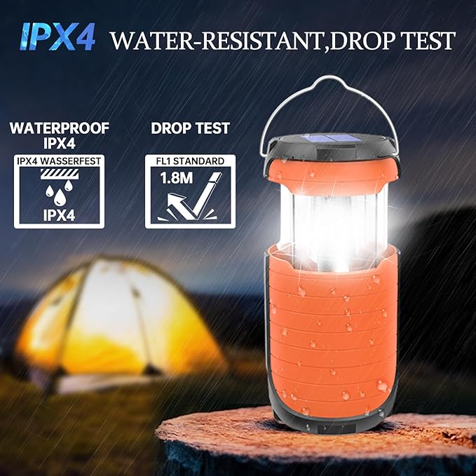 Battery Operated Camping Light Rechargeable, Manual Crank Generator/Solar Panel/USB-C Charging, 5000mAh Power Bank Foldable LED Tent Light, Power Outage, Outdoor Emergency Survival Essentials (Orange)