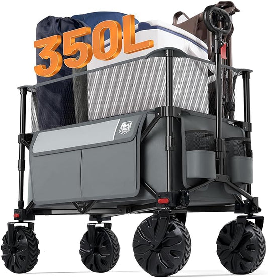TIMBER RIDGE Foldable Wagon 350L Extendable Height, 300LBS Capasity Collapsible Wagon Cart with All Terrians Detachable Wheels, Compact Folding Utility for Camping, Fishing, Shopping (Gray)