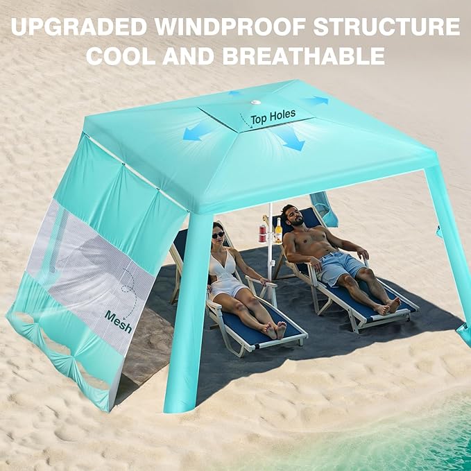 Rhino Valley Beach Cabana, 8 × 8FT Foldable Beach Tent with Cup Holder, Beach Canopy Easy Setup with UPF50+ Protection, Windproof Stable Beach Tent, Portable Beach Cabana Tent for Beach Camping