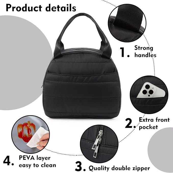 Lunch Bag Lunch Box for Women Men Adult Insulated Cute Small Quilted Puffer Lunchbox Reusable Thermal Lunch Cooler Tote Bag for Work, Picnic or Travel-Black