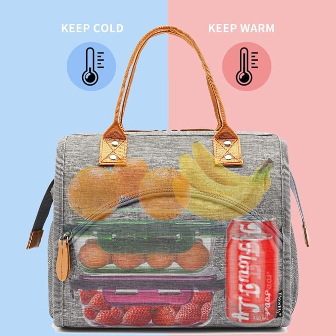 FlowFly Insulated Lunch Bag Wide-Open Lunch Box Large Tote Leakproof Cooler with Drink Holder and Multi Pockets for Women Men Adult Kids Work Picnic Travel Beach Hiking, Grey