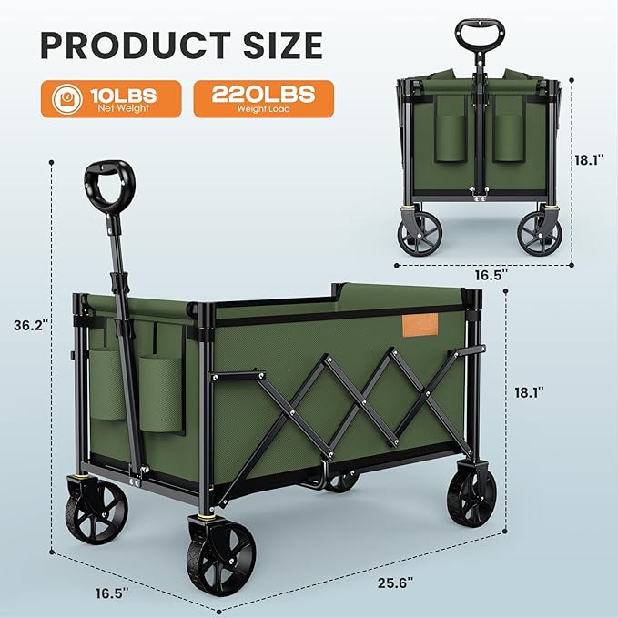 Collapsible Wagon Cart Foldable with 220lbs Weight Capacity, Lightweight Portable Folding Grocery Shopping Cart with Wheels for Camping Sports Beach and Shopping, ArmyGreen