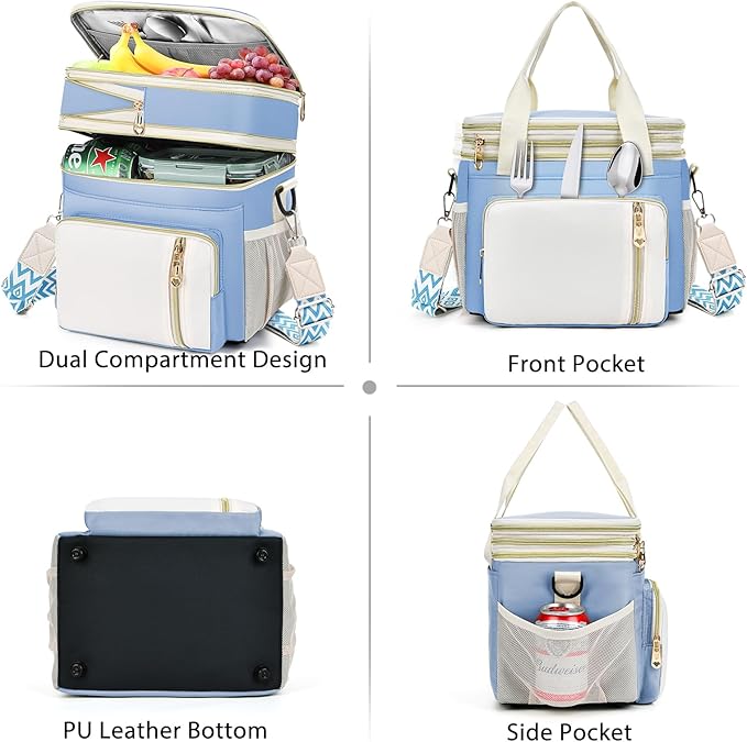 LOKASS Lunch Box for Women/Men-16L-Insulated Lunch Bag, Expandable Double-layer Leakproof Cooler Bag with Upgrade Adjustable Shoulder Strap Ideal for Work/Travel/Picnics（Sky Blue）