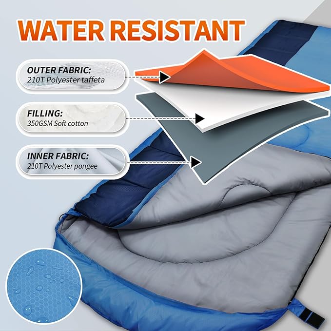 XL 10 Degree Sleeping Bags Waterproof for Adults 350GSM Machine Washable with Compression Sack for 3-4 Season Camping Outdoor