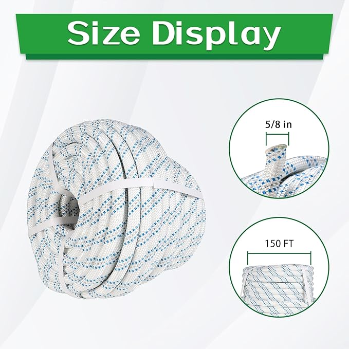 5/8 in 150 FT Braided Rigging Rope 11000 LBS Breaking Strength High Force Polyester Arborist Rope Suitable for Swing Camping Tree Work White Grey Blue